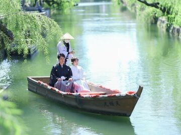 小旅行気分で楽しむ倉敷前撮り。風情ある柳並木や川舟での撮影は一生の宝物に。衣装・メイク込みの安心プランで思い出に残る1日を