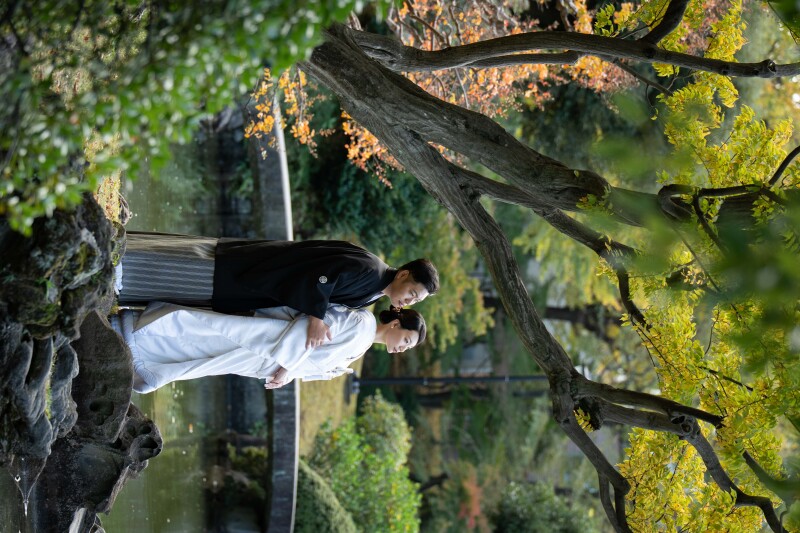 緑に囲まれた旧安田庭園ロケーション