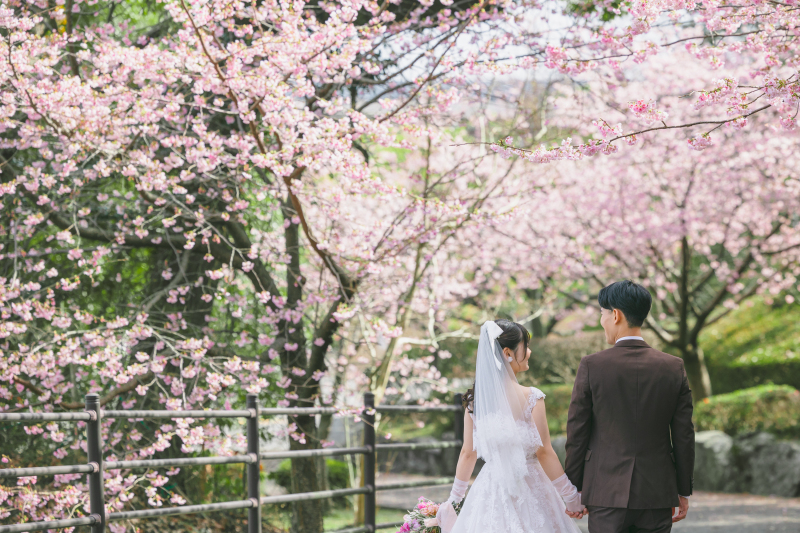 ピンクの桜&times;ブラウンスーツ。お洒落に魅せる伊豆高原ウェディングフォト