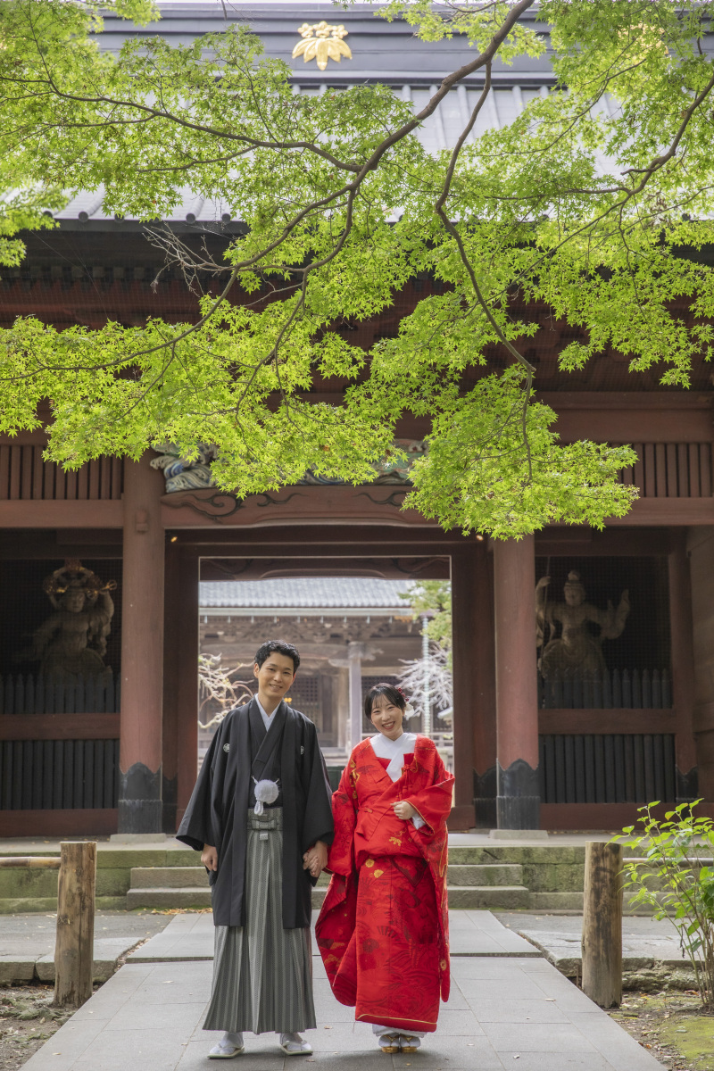 緑豊かな妙本寺で赤無垢を