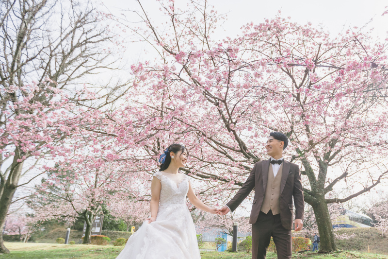 ピンクの桜&times;ブラウンスーツ。お洒落に魅せる伊豆高原ウェディングフォト