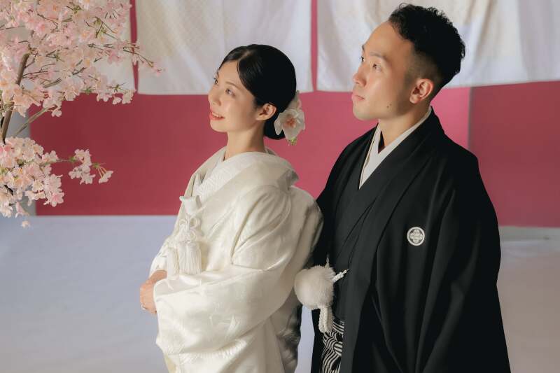 ハウスで暖簾と和装撮影