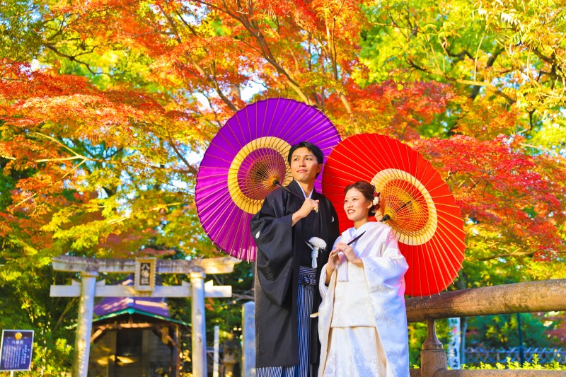 色づく紅葉と朱塗りの鳥居に想いを重ねて。秋を彩る和装前撮り