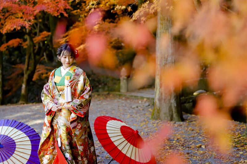 舞い落ちる紅葉と和傘と。秋色に染まる庭園前撮り