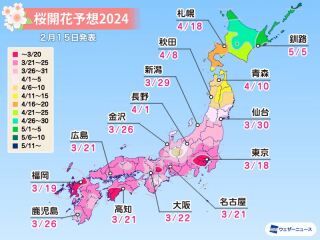 本日発表天気予報各社の桜開花予想!金沢ウエザーニュース3/26・日本気象3/31