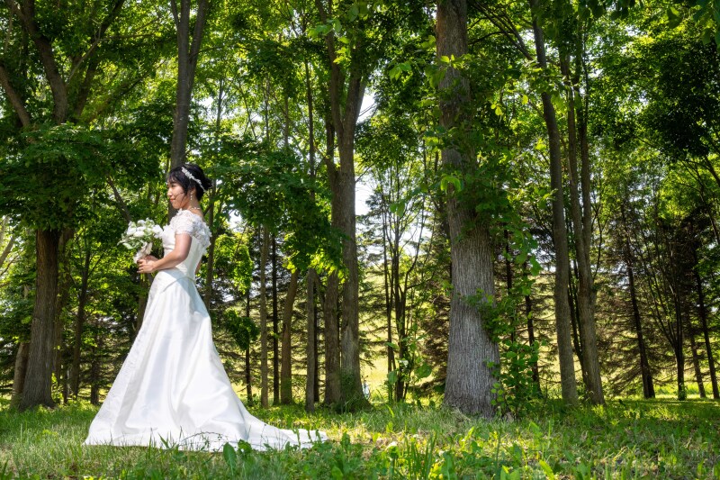 札幌モエレ沼公園緑のが芽吹く頃カラードレスからウェデイングドレスに着替えて移動