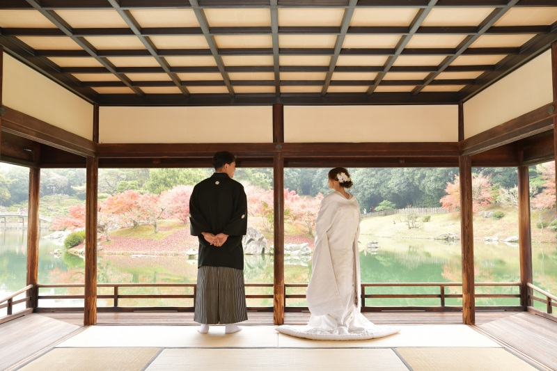 黄金色に輝く紅葉と残す写真