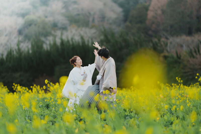 河津の菜の花に包まれる、春の和装フォト