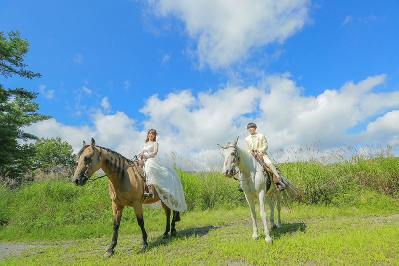 緑の中の森のウェディング乗馬フォト