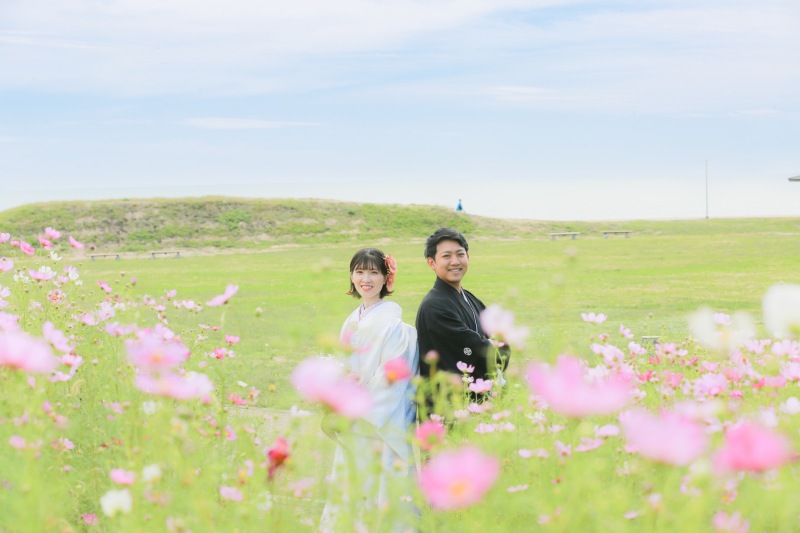 秋のコスモスの咲くみなと公園での和装写真