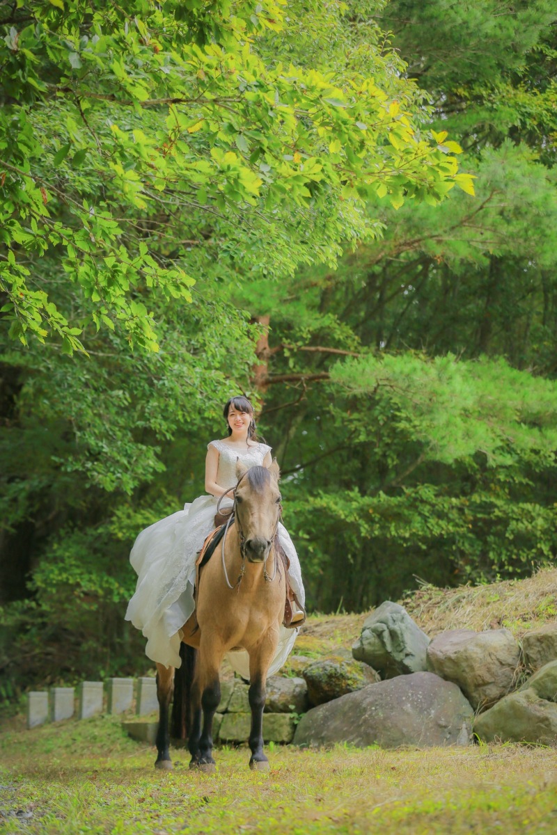映画の様な森での乗馬ウェディング写真