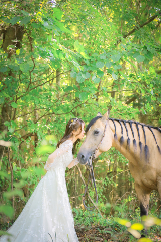 緑の中の森のウェディング乗馬フォト