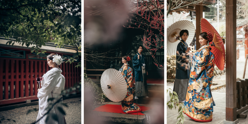 神社の境内で和装フォト＊