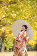 いちょう並木をバックに