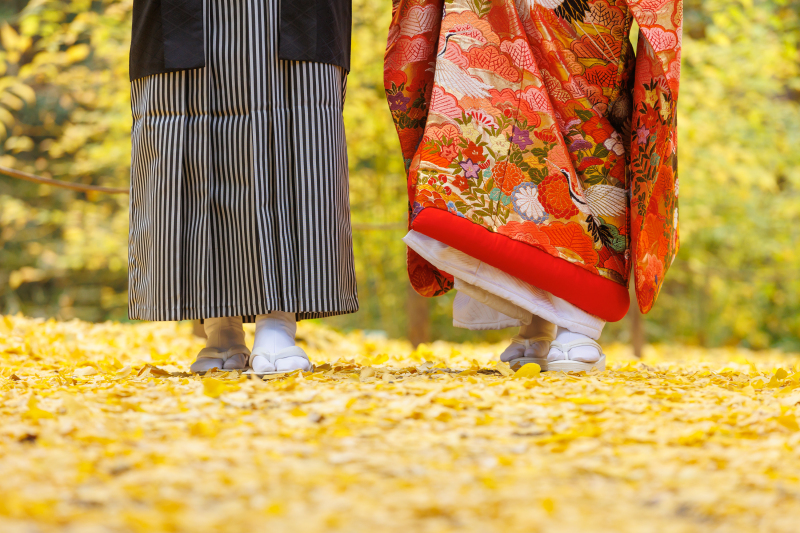 色打掛と晩秋の景色が引き出す華やかさ