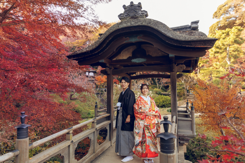 色打掛と晩秋の景色が引き出す華やかさ