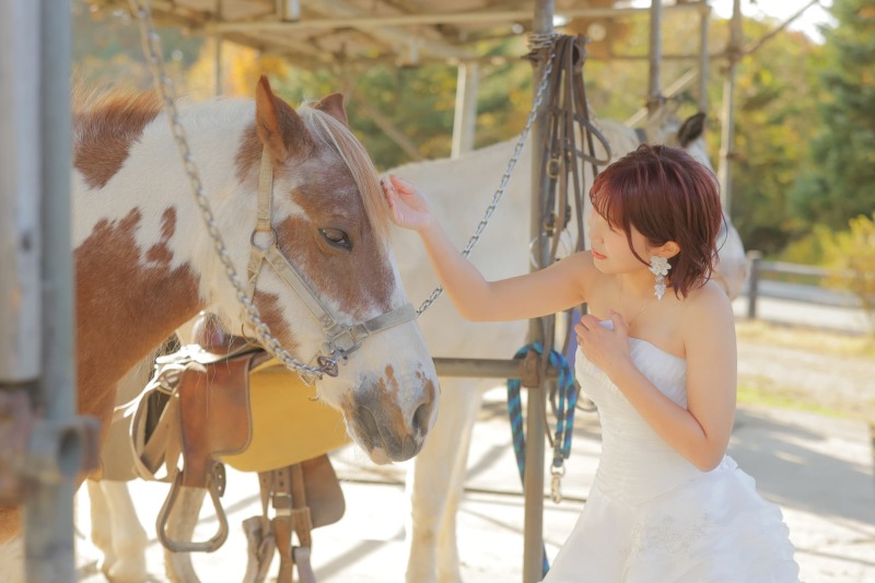 富士山近くで乗馬撮影