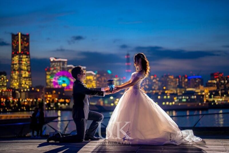 【横浜みなとみらいウェディング撮影】海外の街並みレトロな風景の夜景ウェディング
