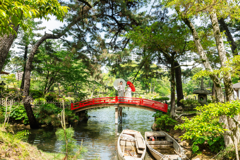 初夏の緑に包まれて──縮景園で叶える和装前撮り