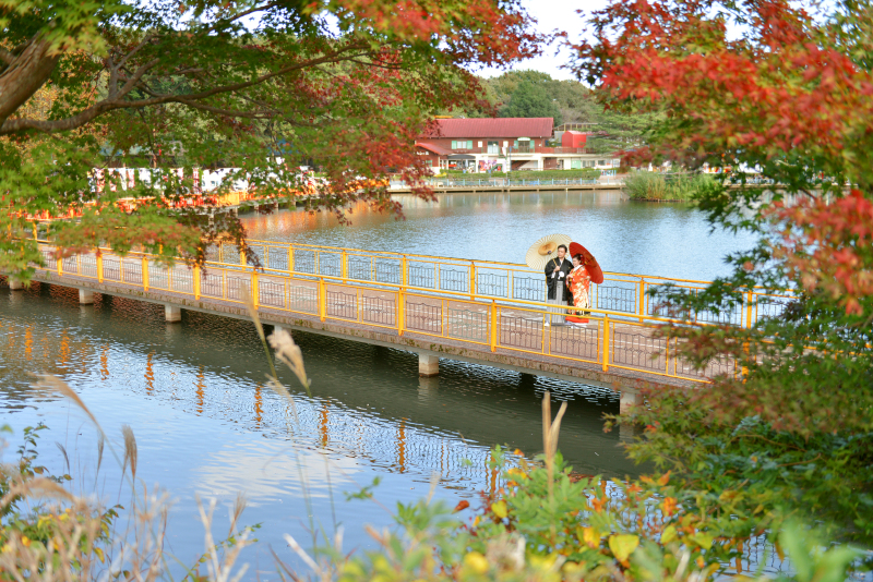 赤い紅葉が鮮やか♡りんどう湖畔で情緒あふれる和装フォト！