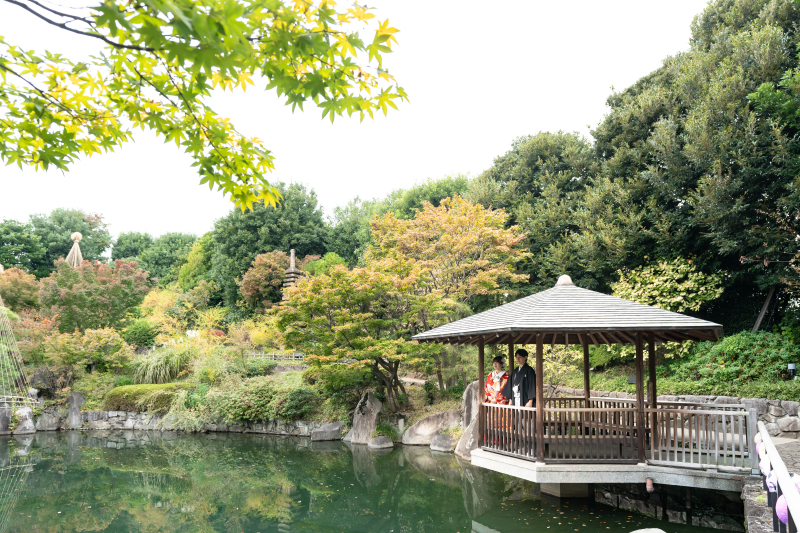 11月中旬、緑に包まれる目白庭園で和装ロケーション