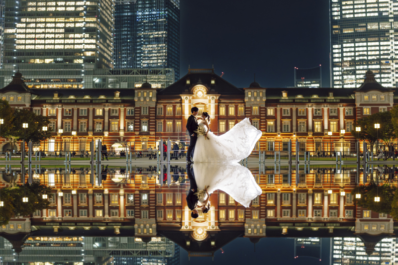 東京タワーを望む三田交差点で婚礼前撮り|東京の街並みをふたりの思い出に