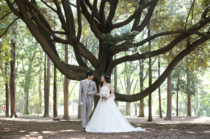 木をバックにして