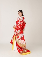 流水鶴に牡丹(赤) 