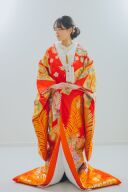 相良刺繍　赤地熨斗鶴