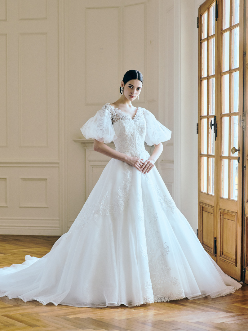 F902　桂ドロップパフスリーブグリッターソワレ