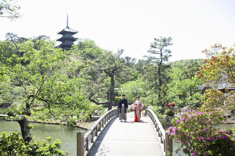 季節の花が咲く日本庭園で撮影
