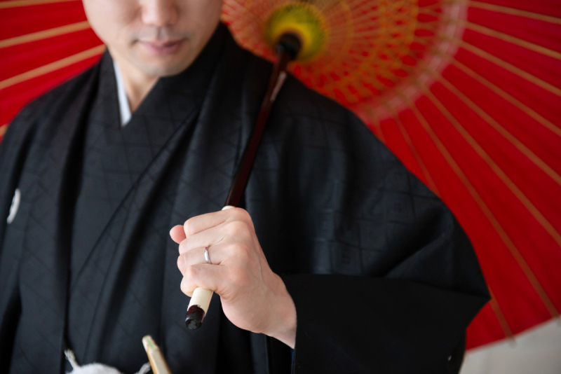 赤の番傘を持って