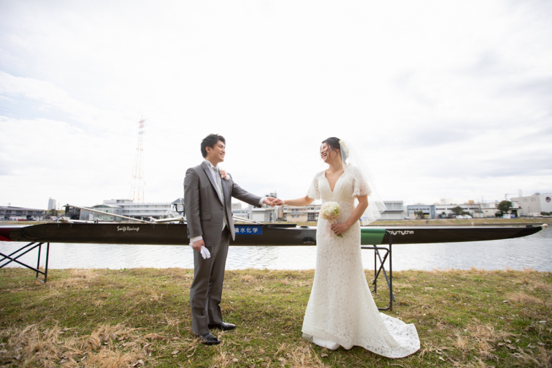 ボートをバックに！