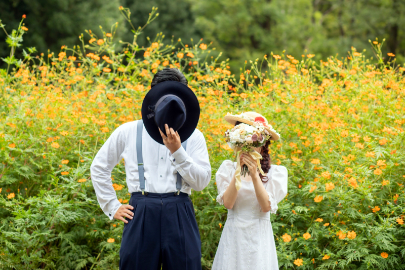 コスモスをバックに