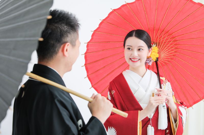 番傘とお着物の色味を合わせて❀