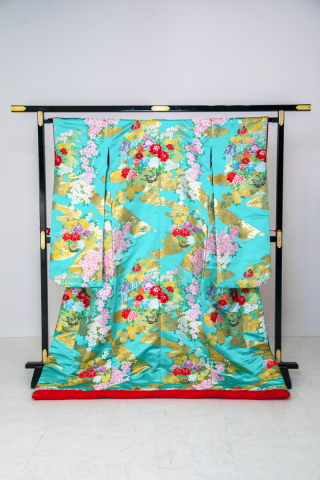 ☆O113エメラルドグリーン地観世水に花車