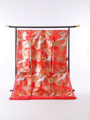 赤ピンクに鶴　八重重ね