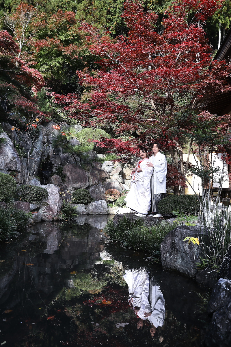 池に映る紅葉と白の美しき調和