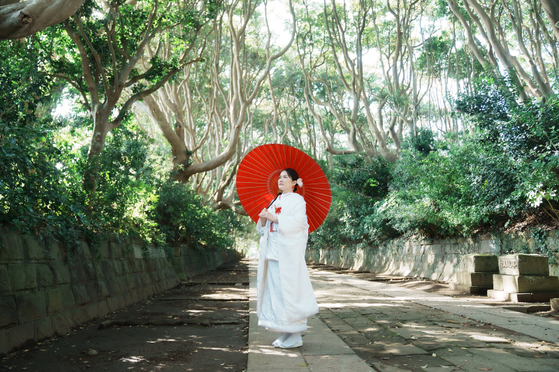 朱色の番傘が映える参道