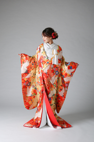 オレンジグラデーション・花・鶴（IU03021）