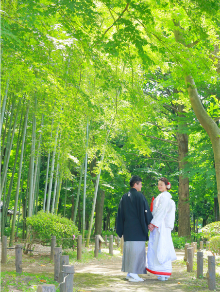 鮮やかな緑と真っ白な白無垢