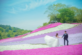 満開の芝桜とともに。