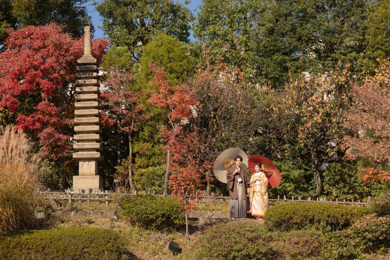風情あふれる庭園で、和傘を並べて