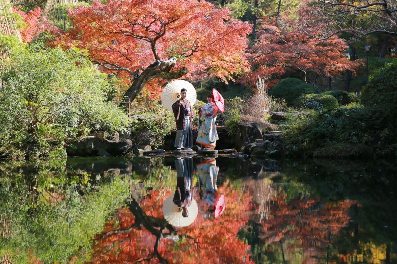 水面に映る紅葉がきれい。