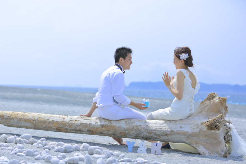 流木に座って浜辺でプロポーズ♡