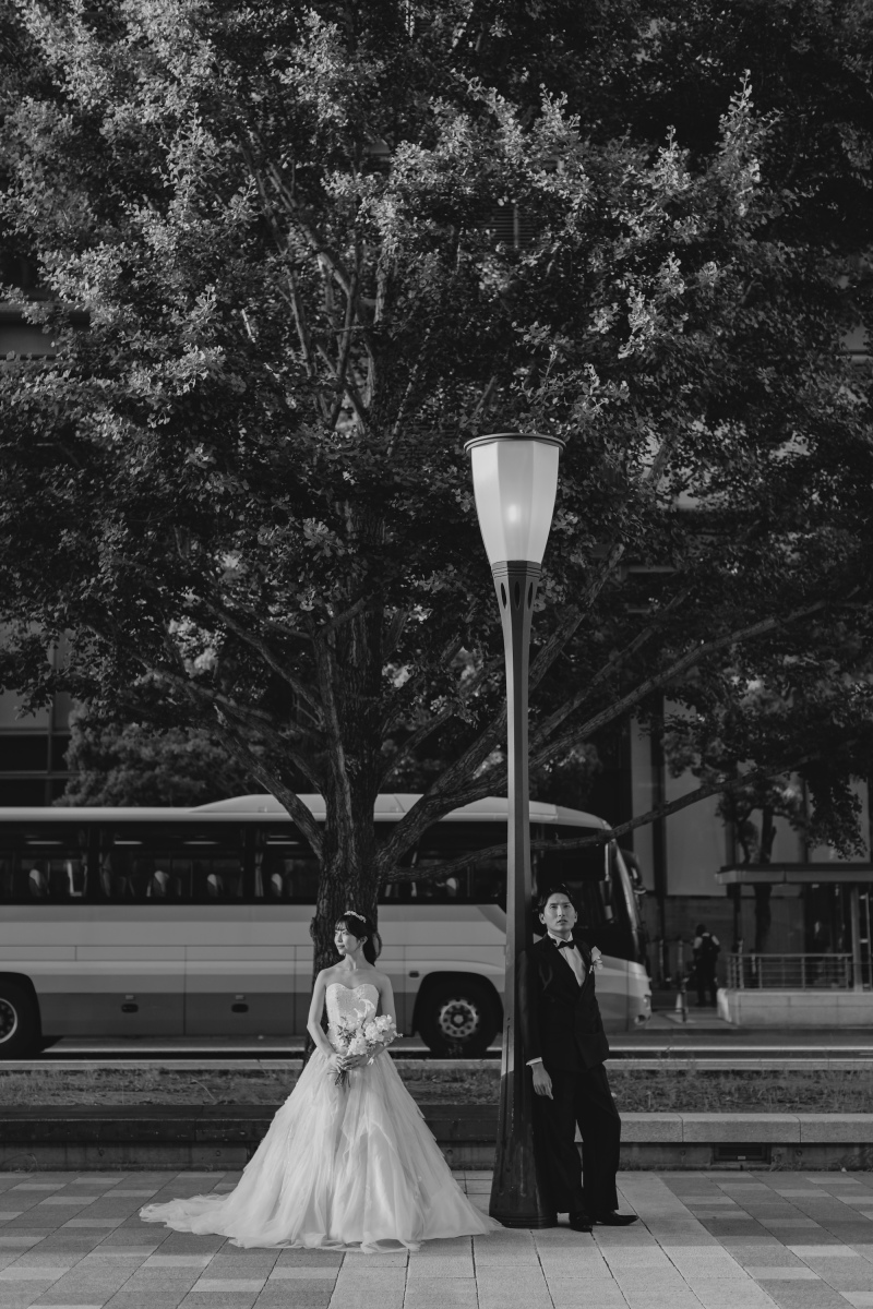 大きな銀杏の木を背景にしたモノクロ写真