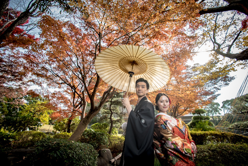 鮮やかに染まる日本庭園