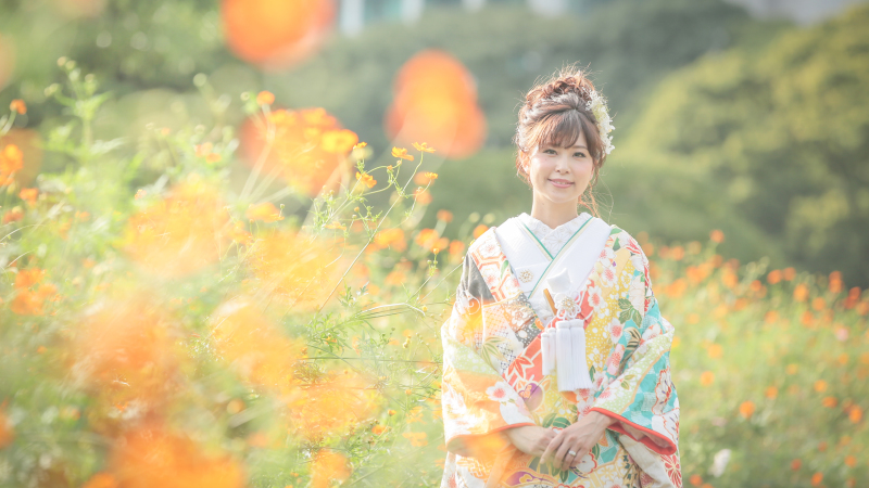 コスモスと撮る和装ロケーションフォト