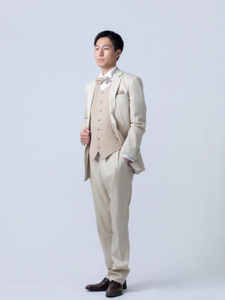 ノッチドラペル丸首ベストタキシード/ベージュ