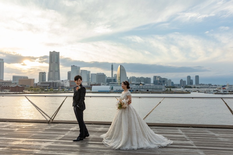 夕日をバックに